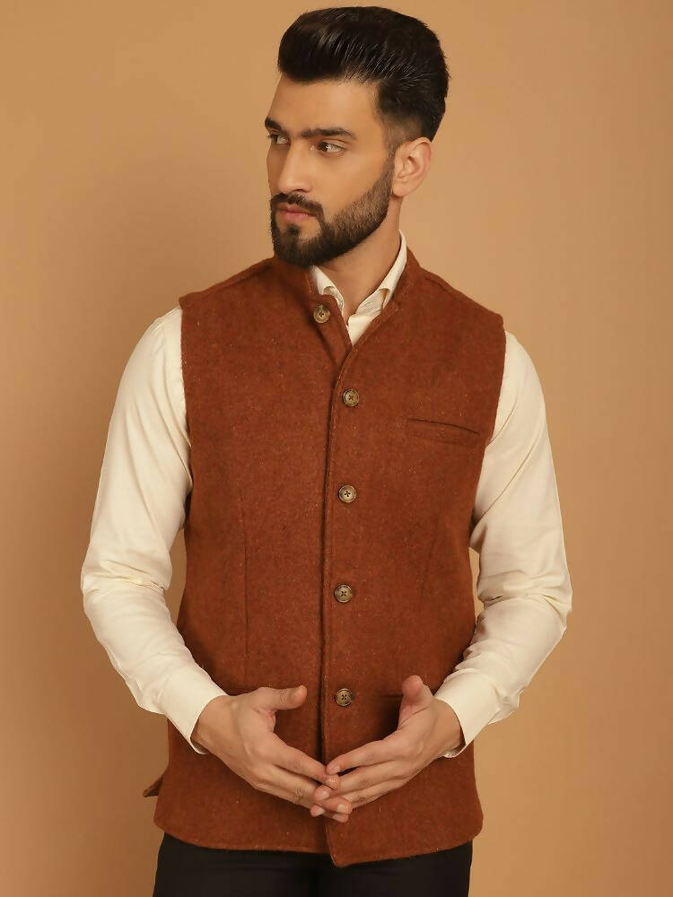 Even Apparels Pure Wool Nehru Jacket - Brown