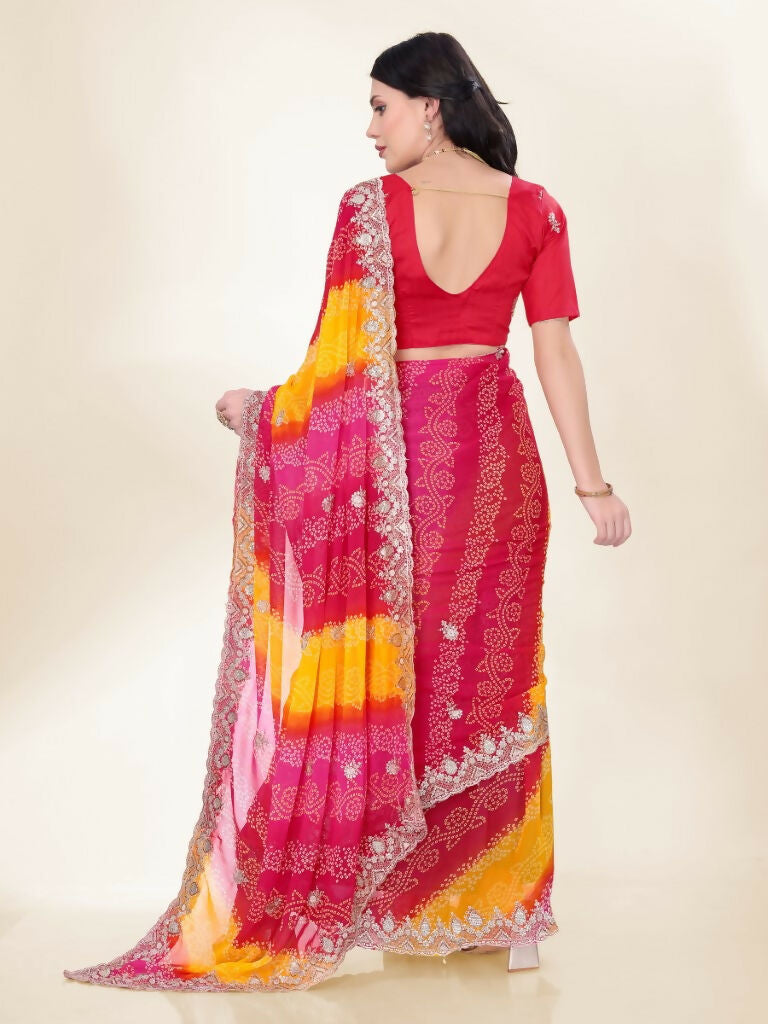 Pink Georgette Bandhani Printed,Embroidery Work Saree - Bandhan