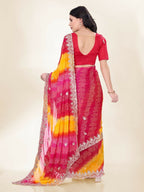 Pink Georgette Bandhani Printed,Embroidery Work Saree - Bandhan