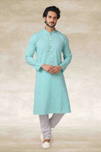 Raivat Ethnic Cotton Printed Work Kurta Pajama In Sky Blue Colour