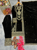 Teeya Creation Black Color Velvet Fabric Designer Embroidery Work Suit - Distacart