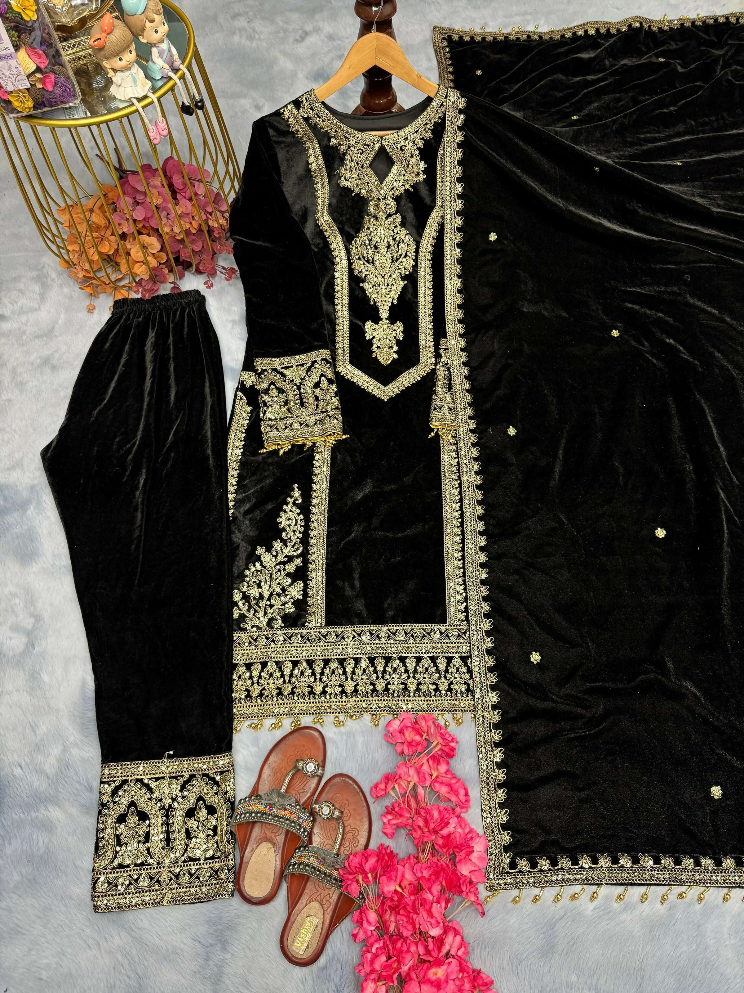 Teeya Creation Black Color Velvet Fabric Designer Embroidery Work Suit - Distacart