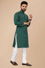 Indian Clothing Men's Green Striped Cotton Kurta - Mahotsav