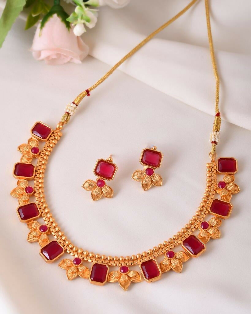 VOJ Gold-Polished Traditional Maroon Stone Studded Jewellery Set