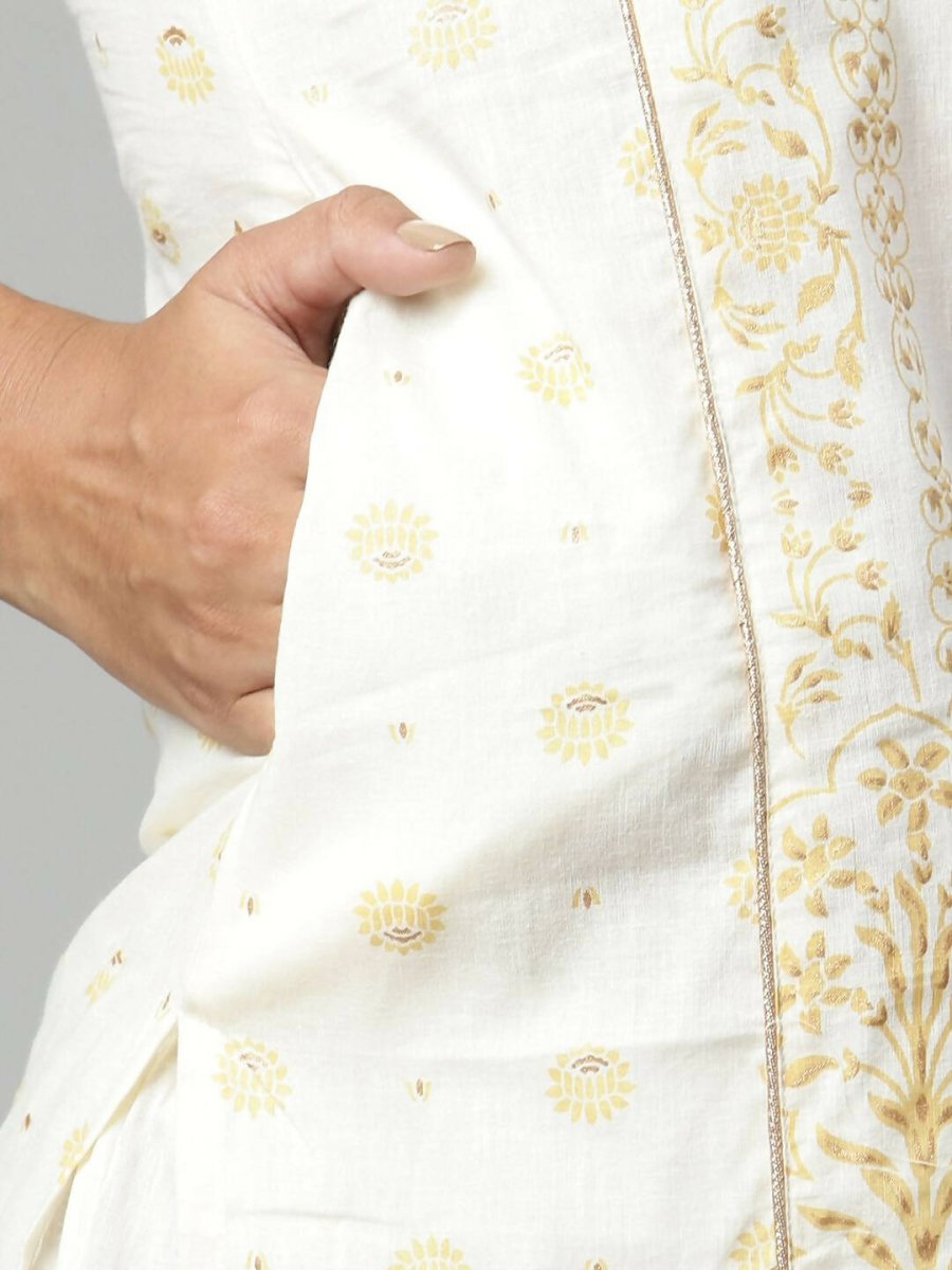 Ahalyaa Womens Off White Pure Cotton Printed Kurta Pant Set - Distacart