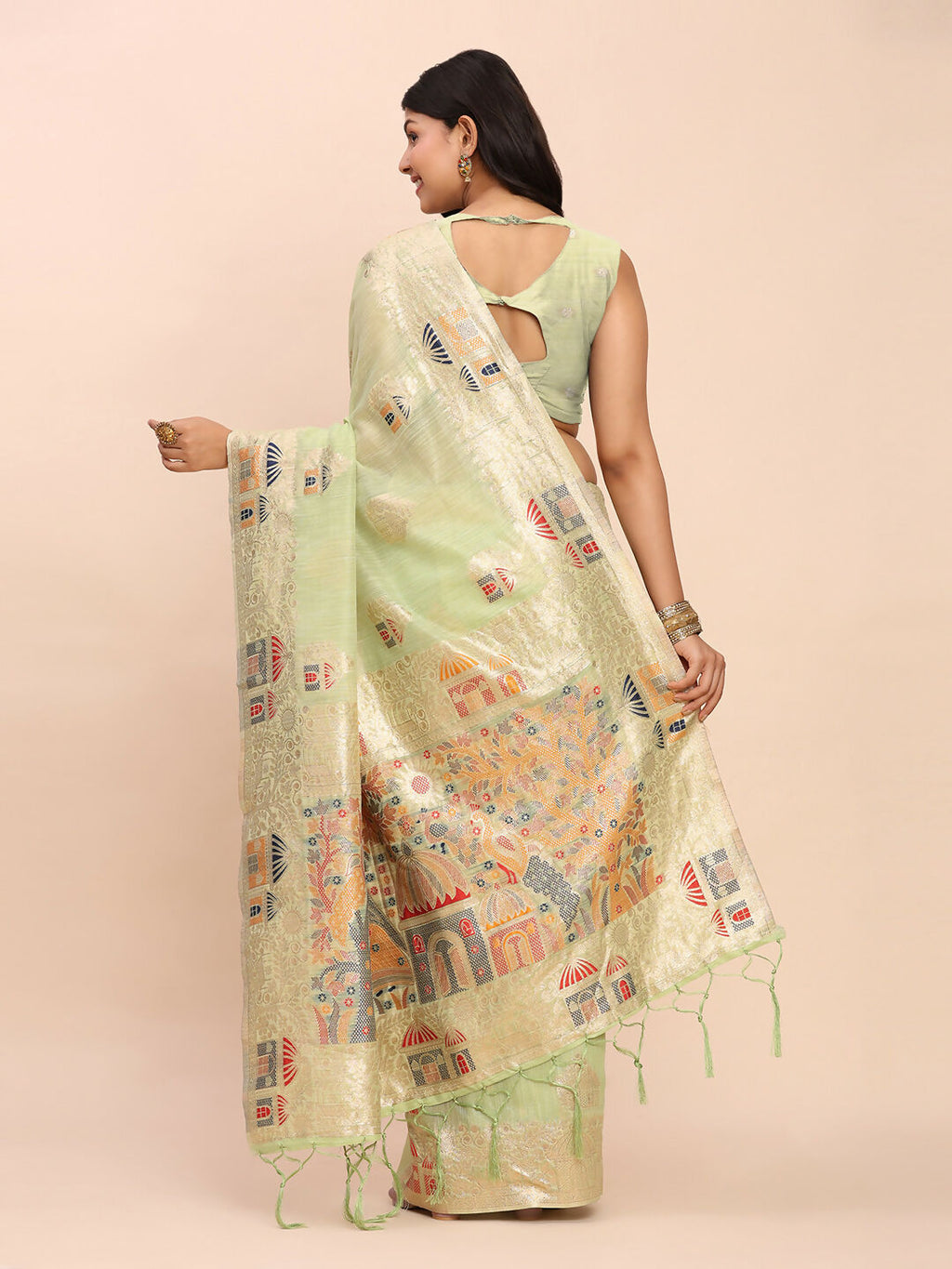 Shree Shyam Fashion Linen Cotton Light Green Saree - Distacart