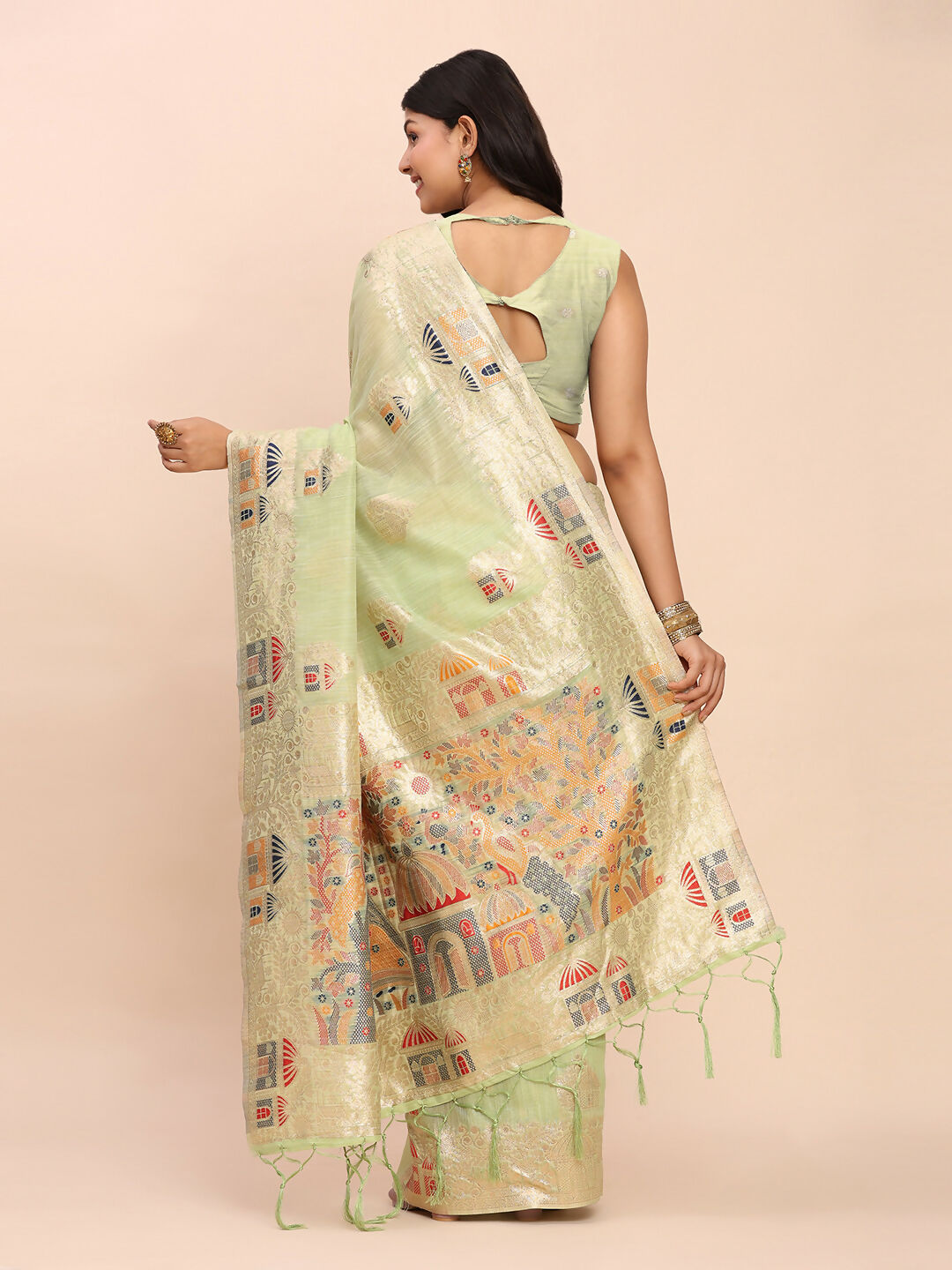 Shree Shyam Fashion Linen Cotton Light Green Saree - Distacart