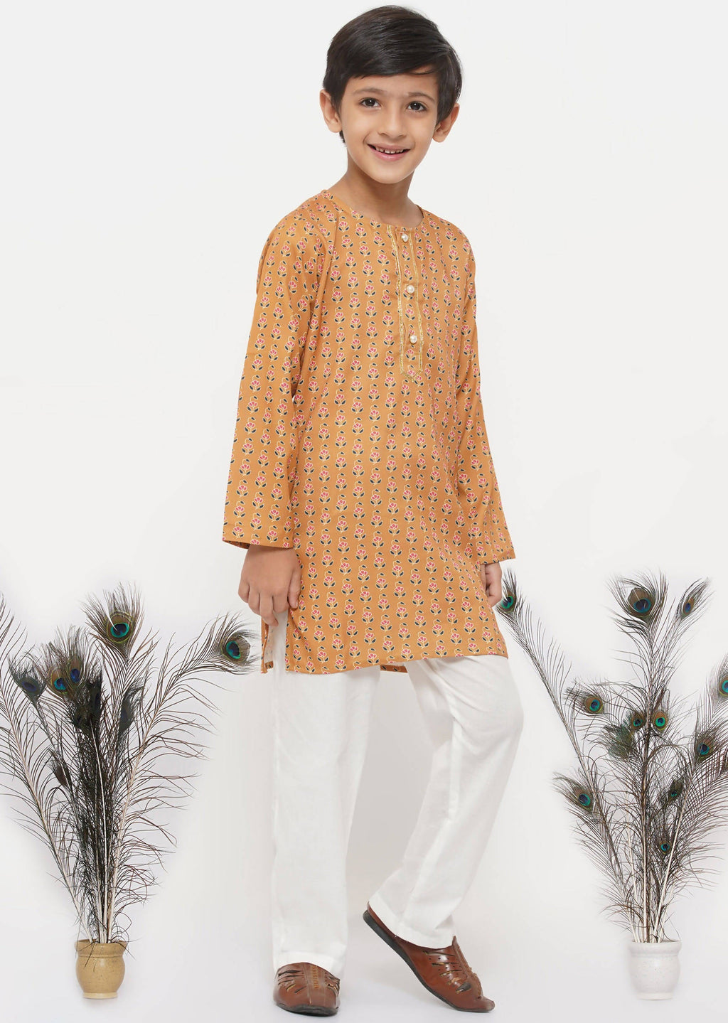 Little Bansi Boys Cotton Silk Floral Kurta with Pearl Buttons & Pyjama - Orange & Cream