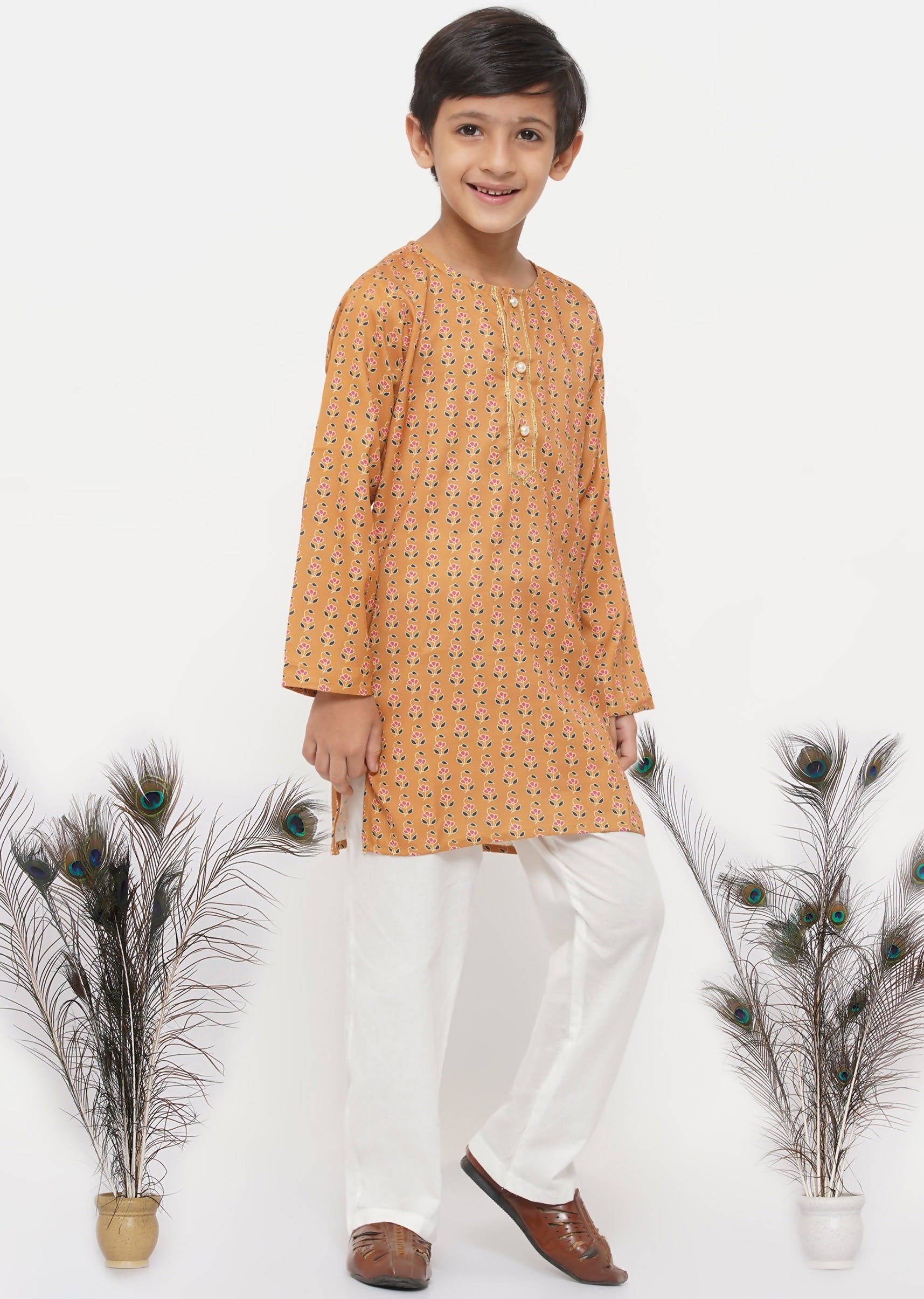Little Bansi Boys Cotton Silk Floral Kurta with Pearl Buttons & Pyjama - Orange & Cream
