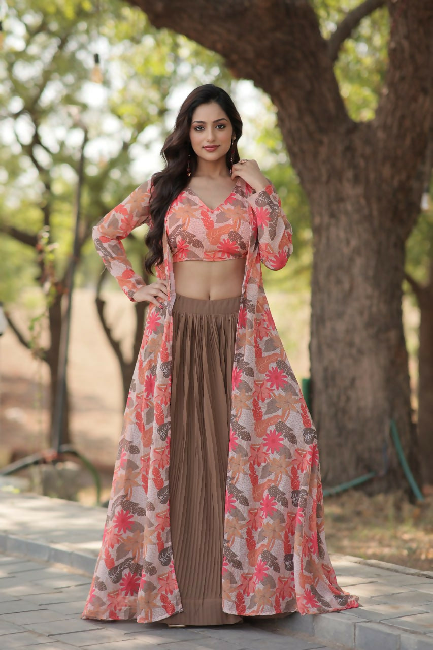 Vastranavya Latest Fancy Party Wear Lehenga Choli With Shrug - Peach