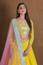 Yellow Georgette Zari Sequence Embroidery With Foil Mirror Work Lehenga Choli - Jihu Culture