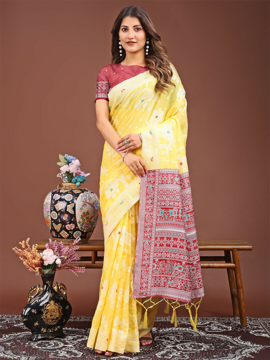 Shree Shyam Fashion Anaya Yellow Linen Cotton Saree