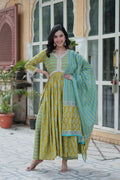 Vastranavya Lime Green Pure Cotton Printed Top with Pant & Dupatta Set