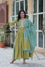 Vastranavya Lime Green Pure Cotton Printed Top with Pant & Dupatta Set
