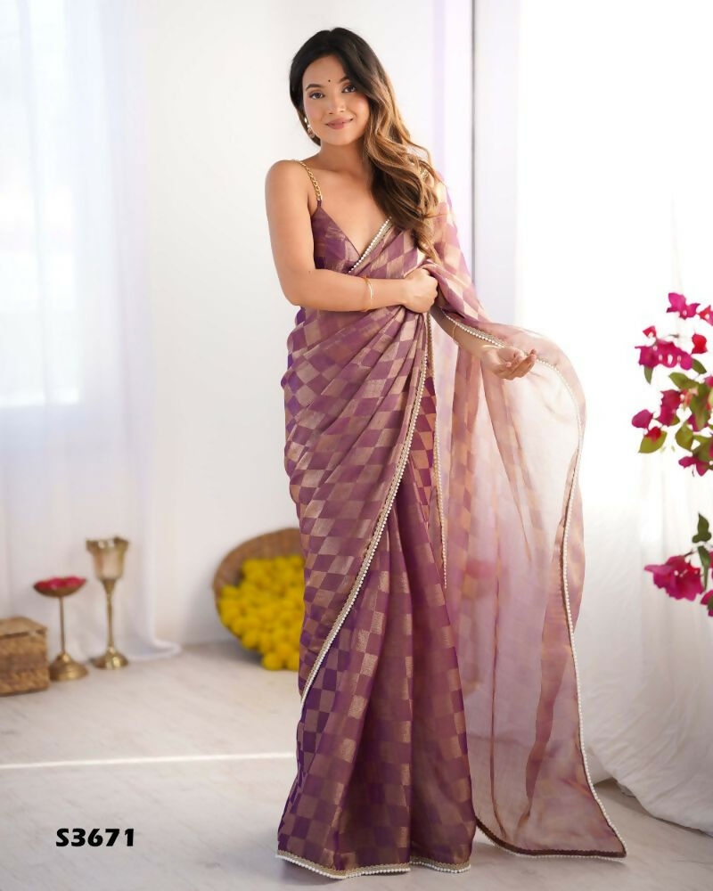 NC Chiffon Chex Wevon Chex Designer, Lace Party Wear Saree - Purple