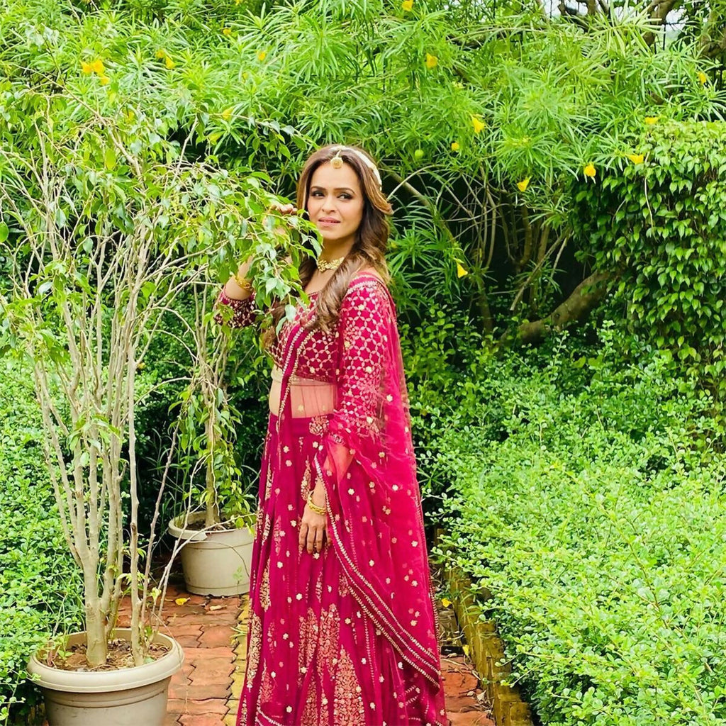 Jyoti Fashion Graceful Cherry Red Faux Georgette Jari Embroidery Lehenga Choli with Dupatta