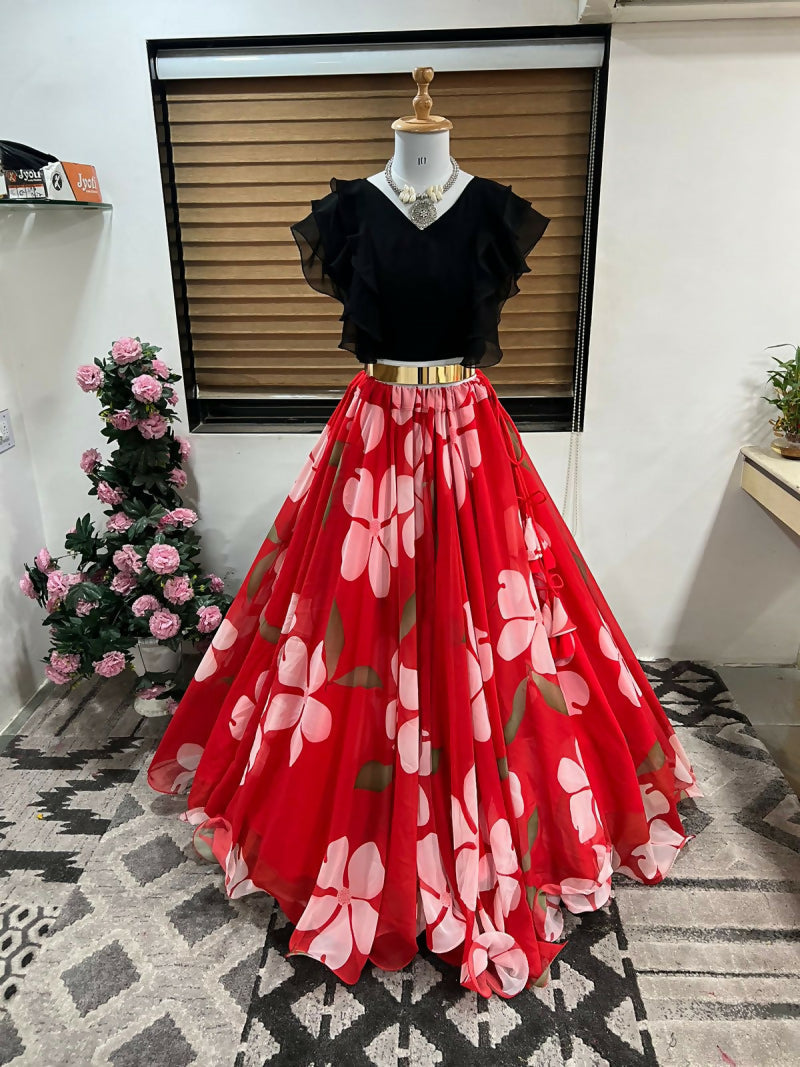 Dishitha Creation Floral Printed Stitched Lehenga & Crop Top - Black & Red