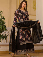 The52 Black Women's Gorgeous Embroidered Chinon Fabric Straight Kurta Palazzo and Dupatta Set - Distacart