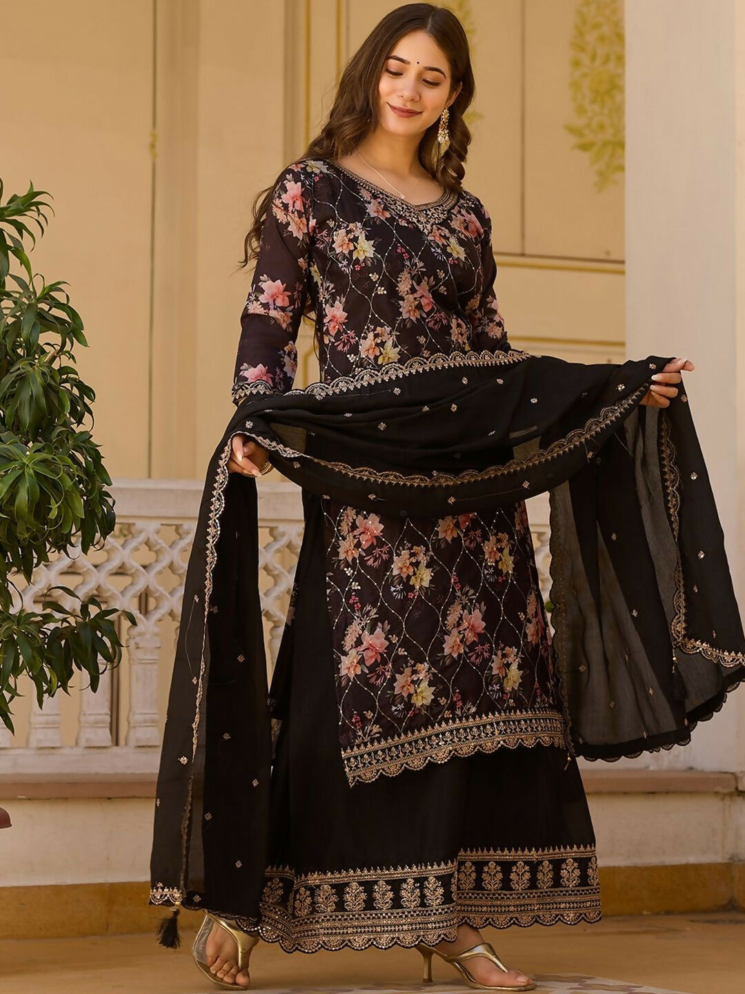 The52 Black Women's Gorgeous Embroidered Chinon Fabric Straight Kurta Palazzo and Dupatta Set - Distacart