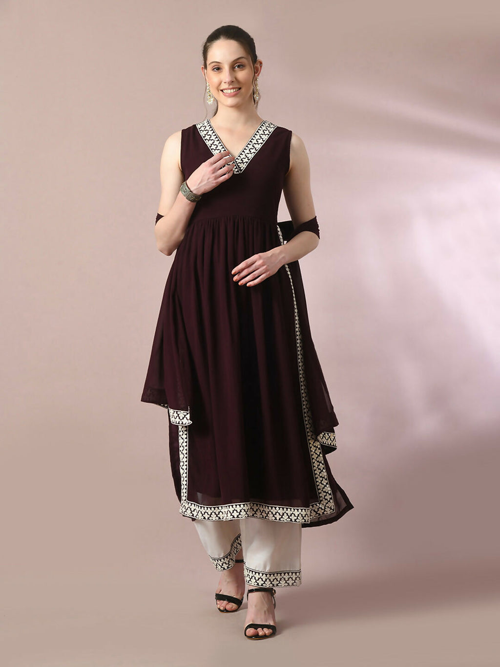 Myshka Women's Coffee Brown Solid Georgette Anarkali Party Kurta Set With Dupatta