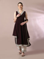 Myshka Women's Coffee Brown Solid Georgette Anarkali Party Kurta Set With Dupatta