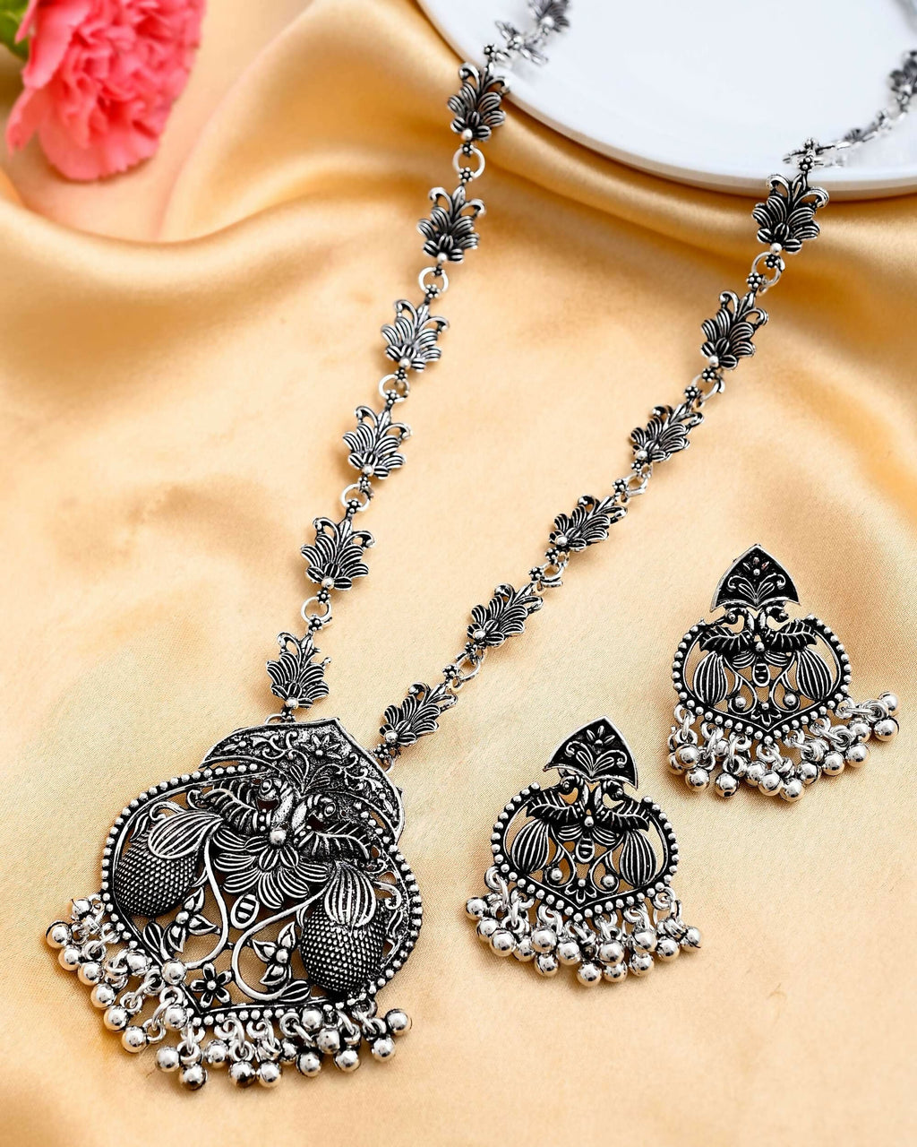 VOJ Silver Plated Oxidized Long Necklace with Earring Set