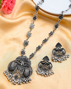 VOJ Silver Plated Oxidized Long Necklace with Earring Set