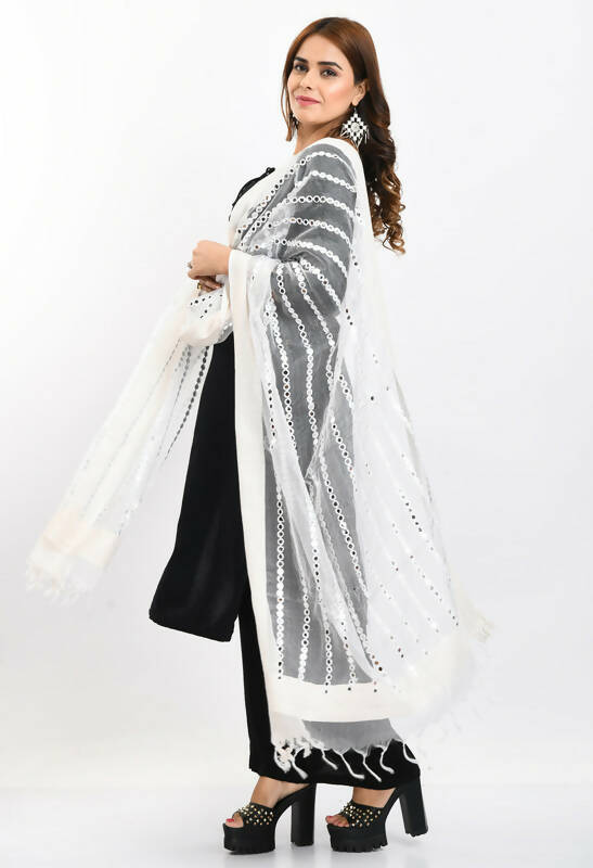 Mominos Fashion Moeza Women's Orgenza Mirror Stripe Thread Work White Dupatta - Distacart