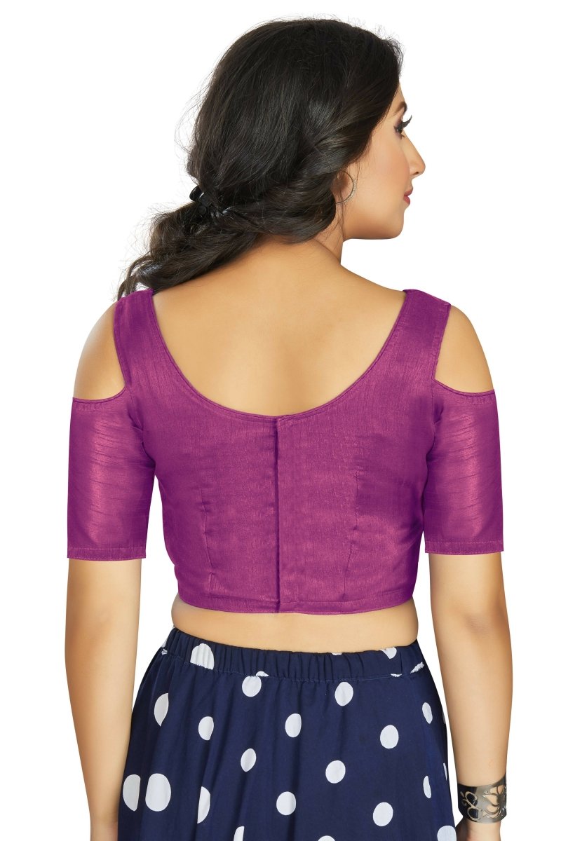 Aastha Fashion Women's Purple Art Silk Cold Shoulder Sleeve Readymade Blouse