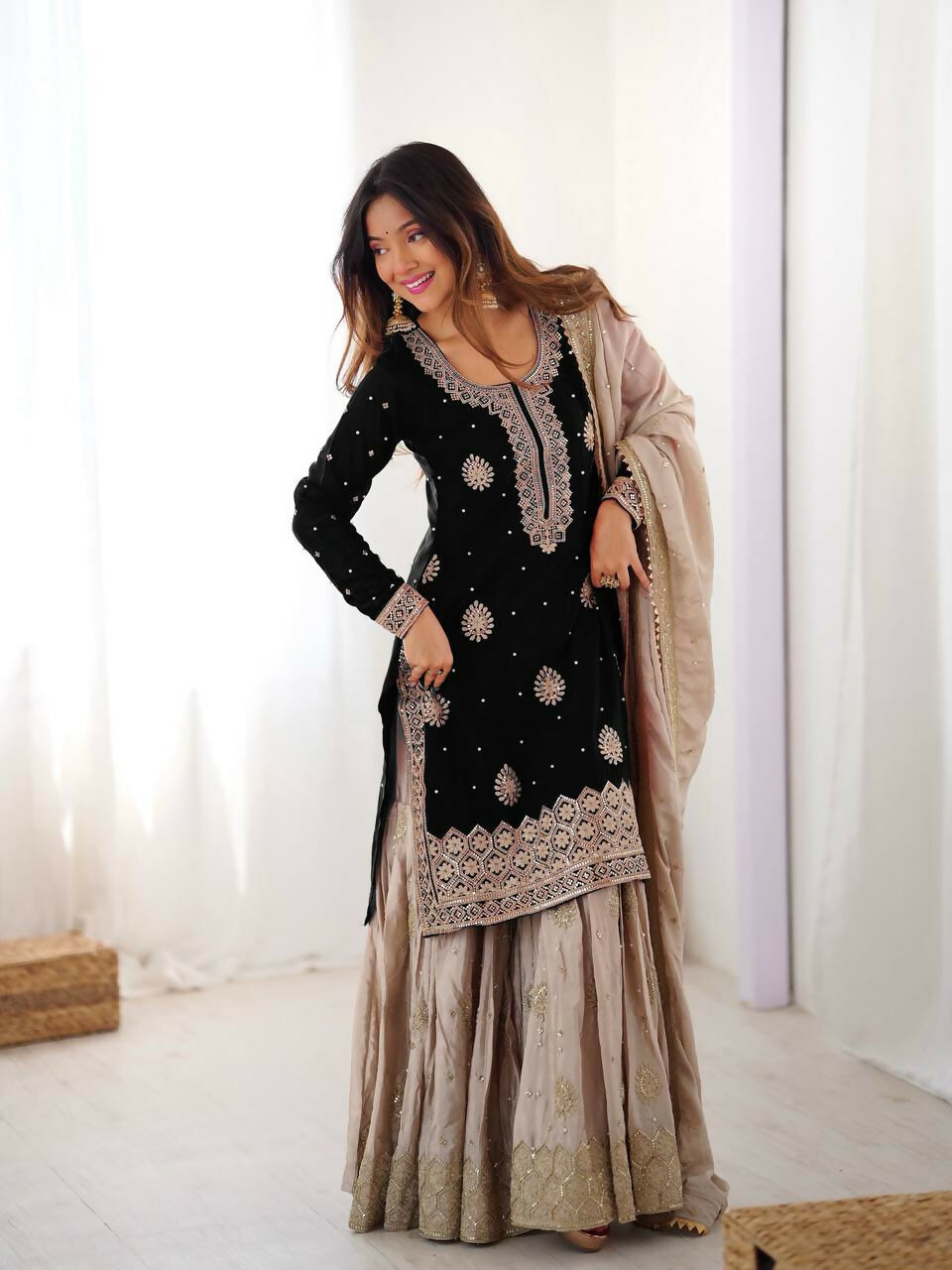 Lehenga Mart Designer Sharara Suit With Kurta, Sharara, Dupatta For Women-Black - Distacart