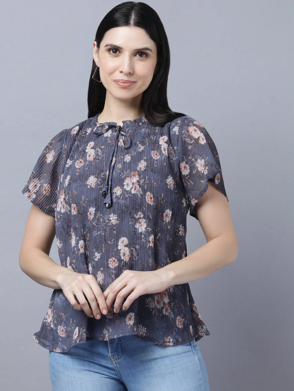 Myshka Women Charcoal Grey Peach-Coloured Floral Print Tie-Up Neck Georgette Top - Distacart
