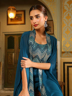 Janasya Teal Blue Georgette Embroidered Top Bottom Cape