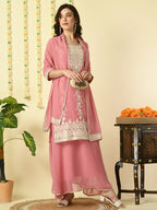 Myshka Women's Pink Georgette Kurta & Skirt With Dupatta Party Sets