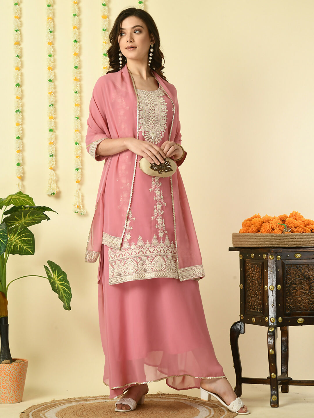 Myshka Women's Pink Georgette Kurta & Skirt With Dupatta Party Sets