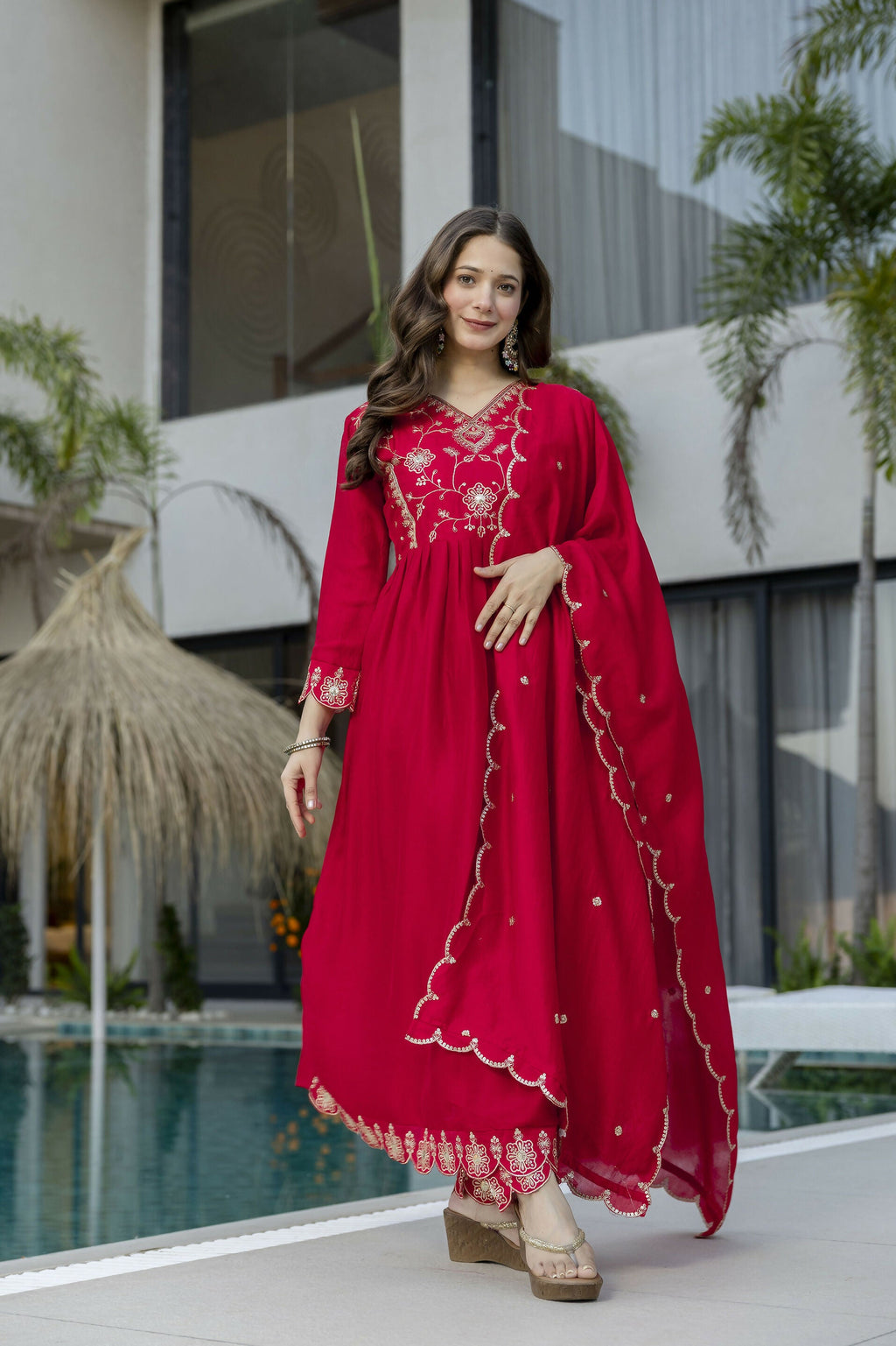 The52 Women's Beautiful Vichitra Silk Fabric Embroidery Work Flared Anarkali Pant and Dupatta Set - Distacart