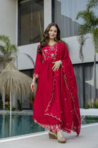 The52 Women's Beautiful Vichitra Silk Fabric Embroidery Work Flared Anarkali Pant and Dupatta Set - Distacart