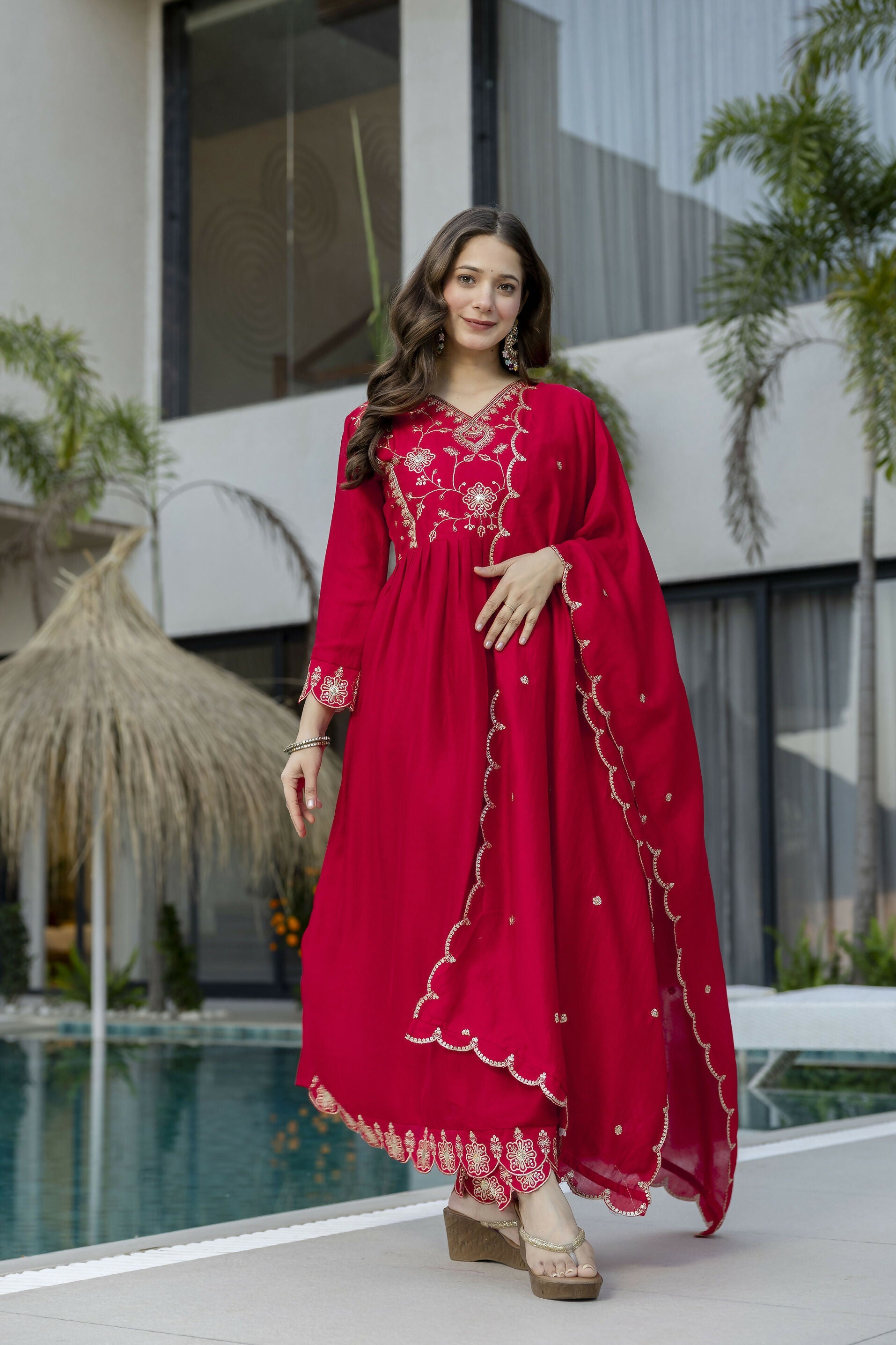 The52 Women's Beautiful Vichitra Silk Fabric Embroidery Work Flared Anarkali Pant and Dupatta Set - Distacart
