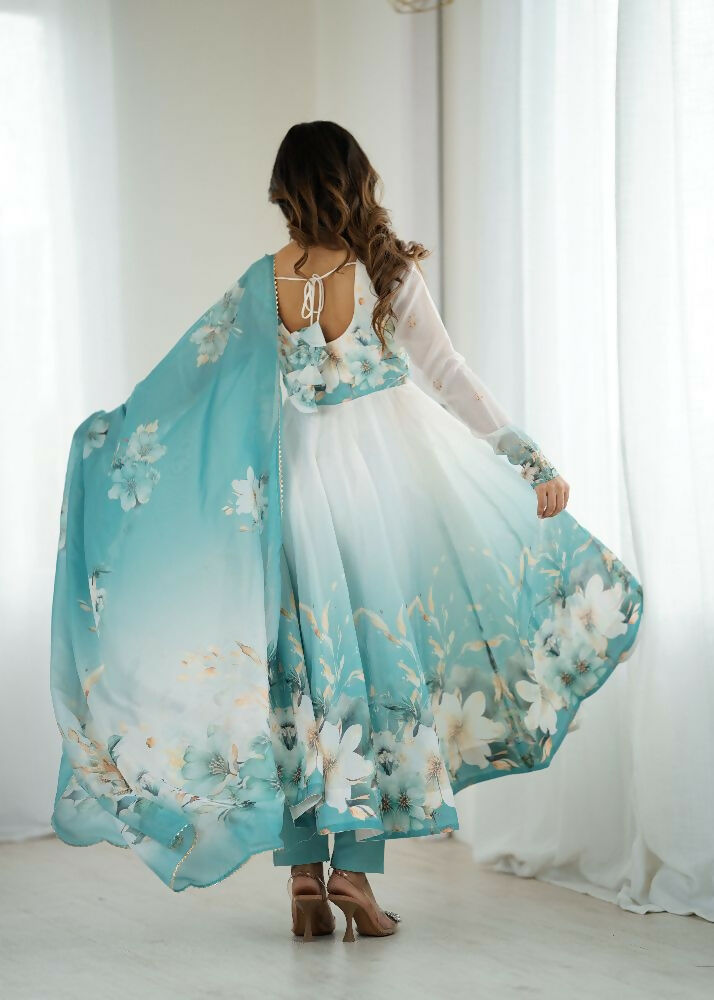 Joban Fashion Aqua Blue Kurta Set Organza Sequin Embroidery Work - Distacart