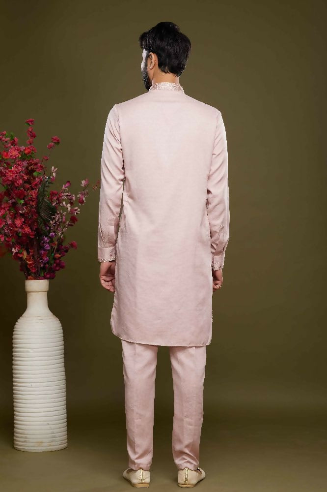 Raivat Ethnic Art Banarasi Silk Thread Work Kurta Pajama In Pink Colour