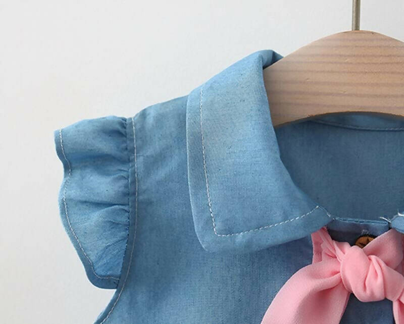 Bold N Elegant Cap Sleeve Denim Embroidered Midi Party Dress Frock with Hat Dress - Strawberry Pink