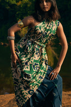trueBrowns Green Blue Muslin Ikat Saree