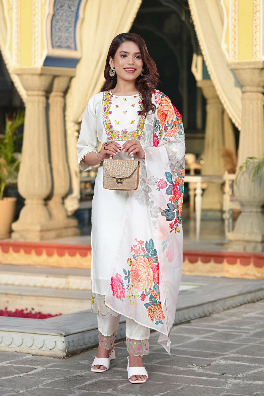 The52 Women's Beautiful Chanderi Fabric Embroidery Work Straight Kurta Pant and Dupatta Set - Distacart