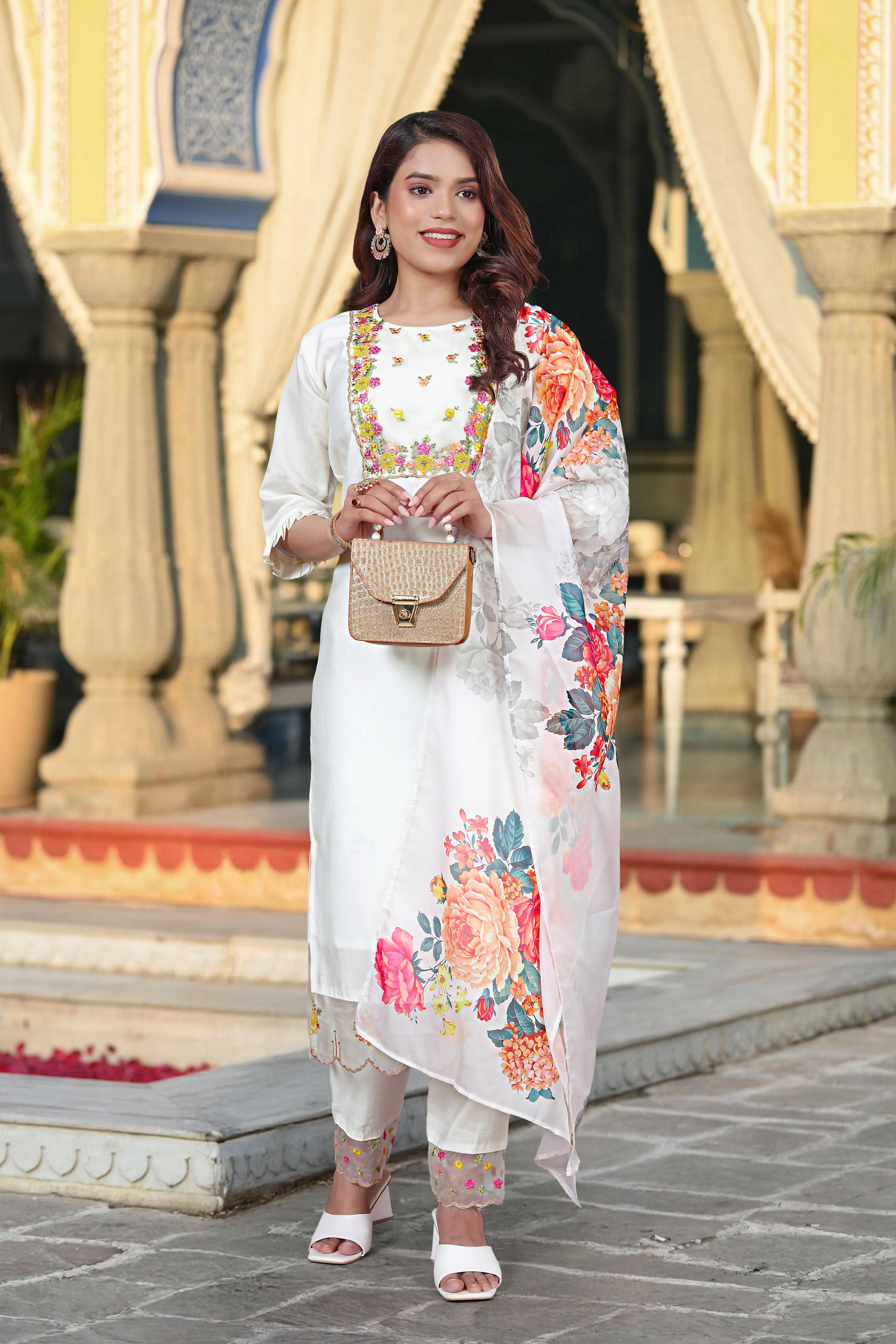 The52 Women's Beautiful Chanderi Fabric Embroidery Work Straight Kurta Pant and Dupatta Set - Distacart
