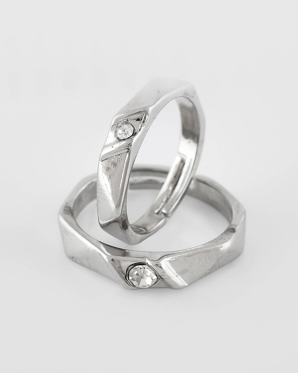 VOJ Stainless Steel Cubic Zirconia Silver Plated Adjustable Ring Set for Couple