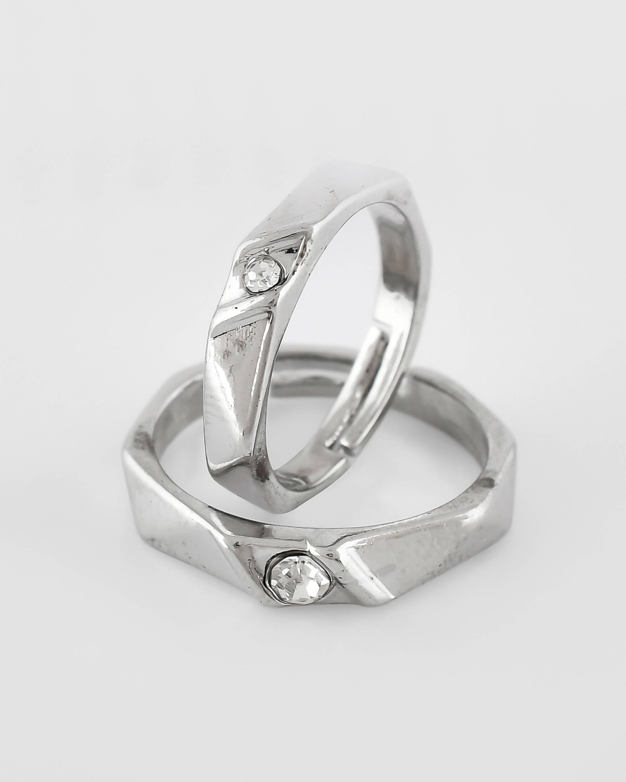 VOJ Stainless Steel Cubic Zirconia Silver Plated Adjustable Ring Set for Couple