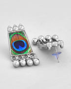 VOJ Silver Plated Oxidized Peacock Print Hasli with Earring Set