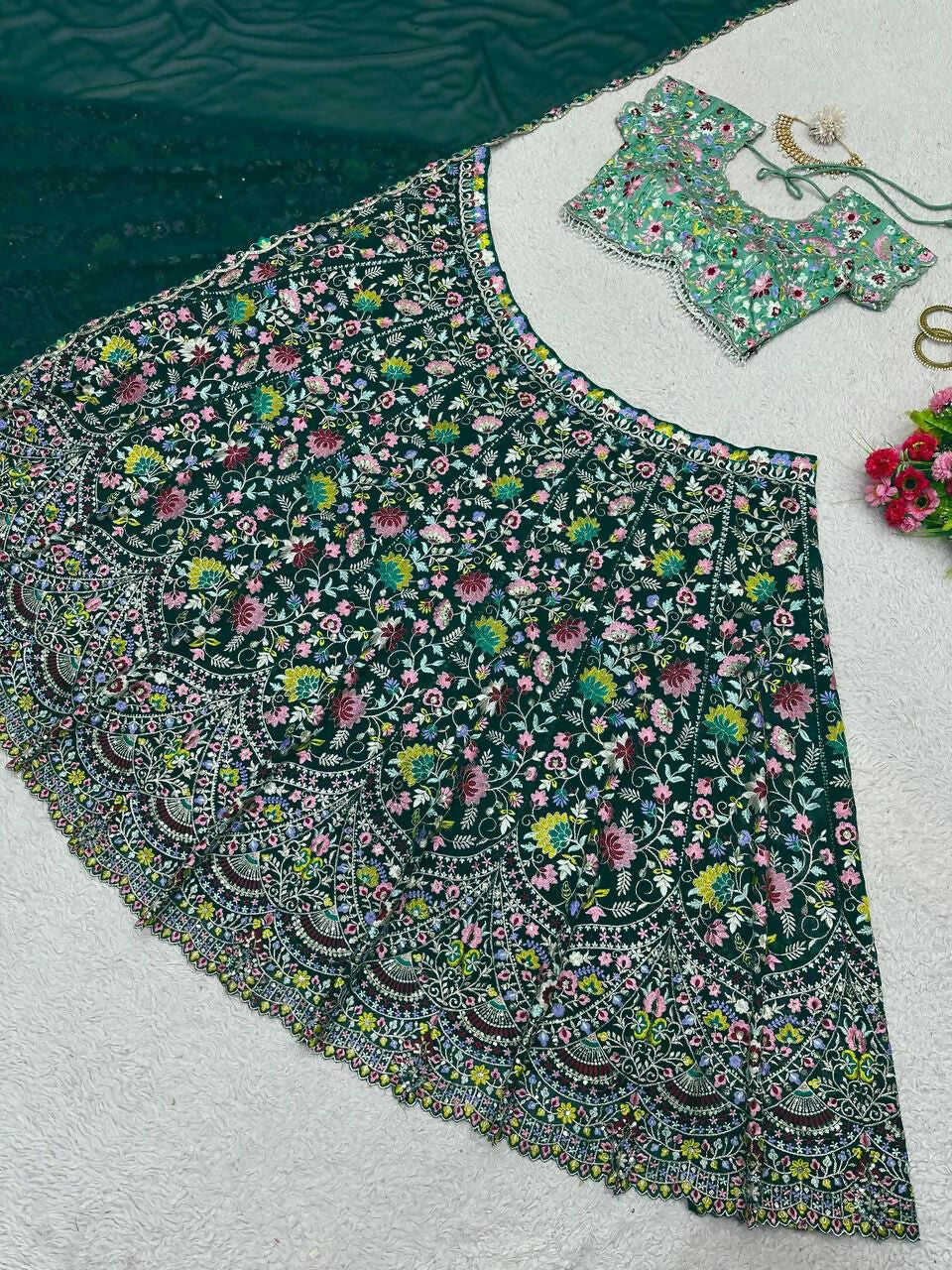 Jyoti Fashion Women's Bottle Green Faux Georgette Sequins with Thread Embroidered Designer Lehenga Choli Set
