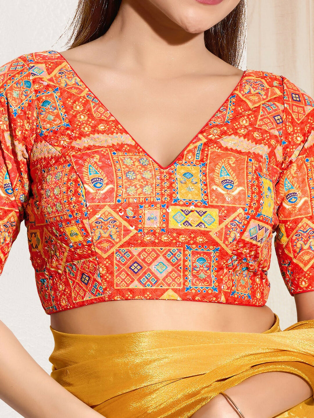 Joban Fashion Orange Viscose Rayon Padded Blouse With V Neck Elbow Sleeves - Distacart