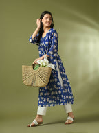 Myshka Women's Blue Printed Georgette A-Line Nyra-cut Kurta