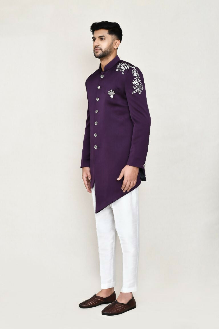 Joban Fashion Purple Colored Polyester Fabric Indo Western With Straight Fir Pant